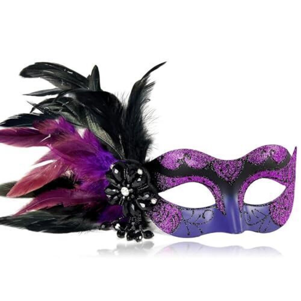 5194 2025 New Masquerade Masks Purple Mardi Gras Mask with Feathers